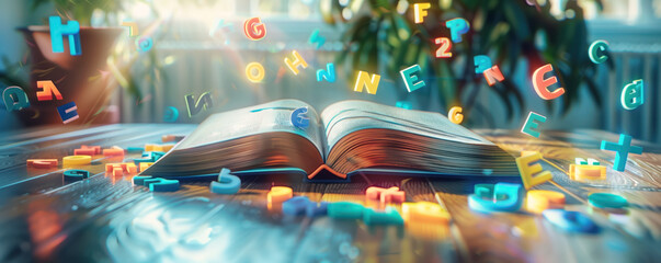 Abstract background of open book lying on the table with colourful letters flying around.