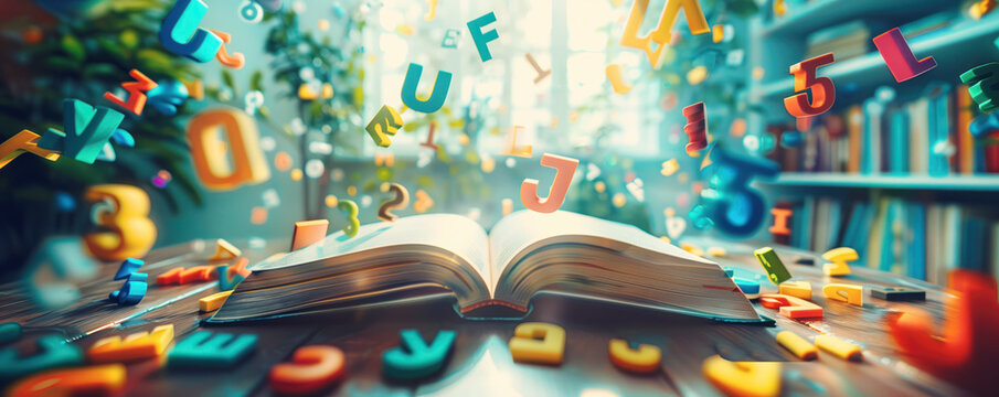 Abstract background of open book lying on the table with colourful letters flying around.