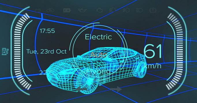 Fototapeta Image of car interface over digital car model on black background