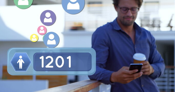 Front view of a man leaning on veranda rails, checking his phone while drinking coffee - Powered by Adobe