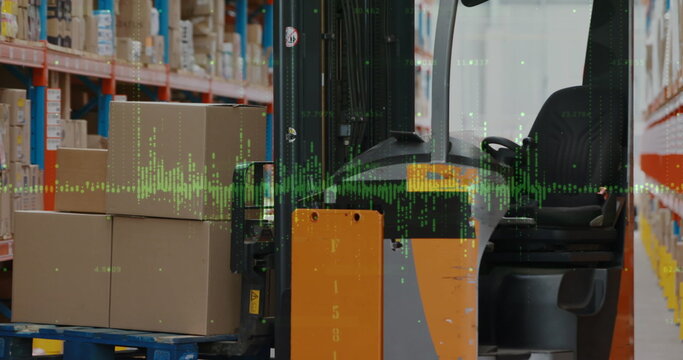Image of data processing over turret truck in warehouse - Powered by Adobe