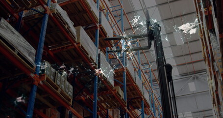 Image of glowing spots of light over forklift and stacked shelves in warehouse,