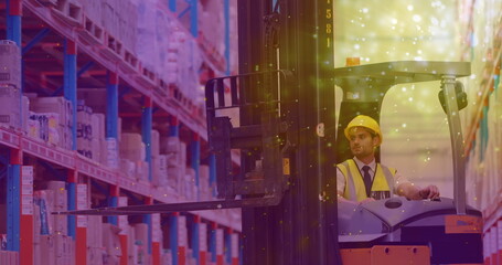 Image of glowing spots of light over caucasian man in forklift working in warehouse,