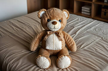 A cute brown teddy bear is sitting on the bed