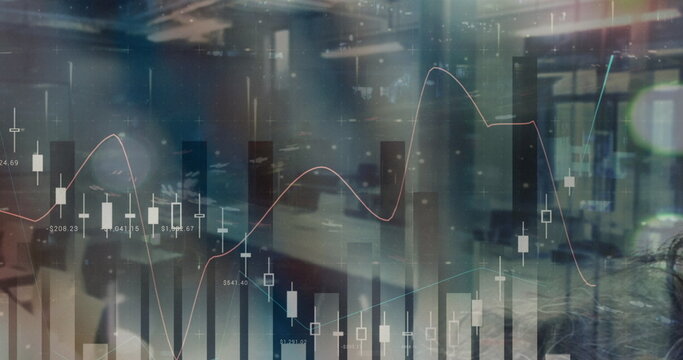 Statistical data processing over empty office against aerial view of city traffic