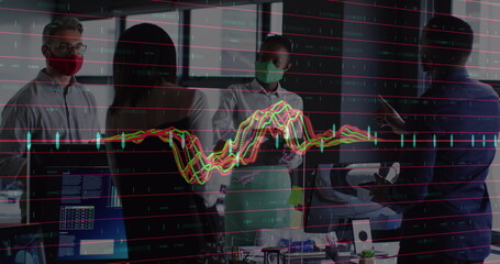 Image of financial data processing over diverse business people wearing face masks