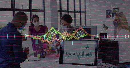 Image of financial data processing over diverse business people wearing face masks