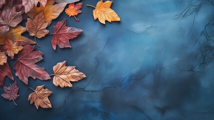 Autumn leaves on a blue slate background. Colored leaves for autumn backdrop with copy space.