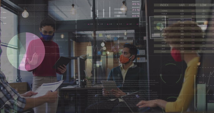 Statistical data processing over diverse office colleagues wearing face masks discussing at office