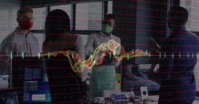 Image of financial data processing over diverse business people wearing face masks