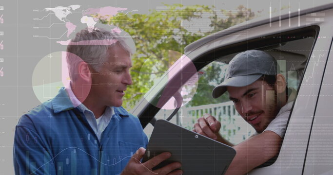 Image of data processing over caucasian male deliverer with colleague