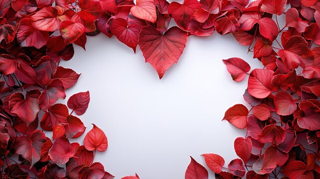 Red leaves frame with heart shape on white background, generative ai
