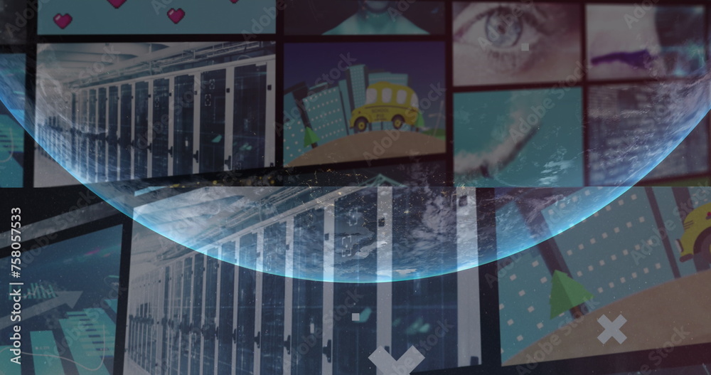 Poster image of globe and icons over multiple different images