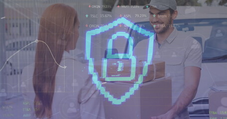 Image of data processing over caucasian male deliverer with box