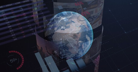 Image of globe rotating over graphs and data on screens