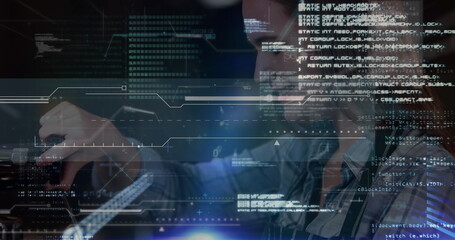 Image of financial data processing over caucasian female barista making coffee