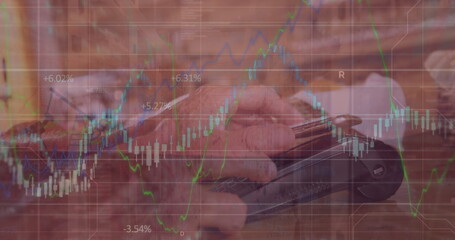 Image of financial data processing over diverse people paying with smartphone