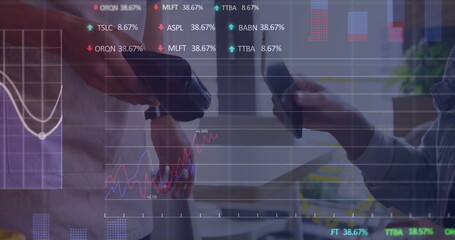 Image of financial data processing over diverse people paying with smartphone