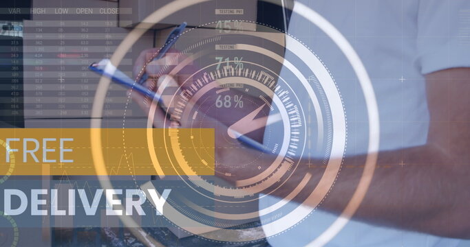 Image of data processing over caucasian male deliverer with clipboard - Powered by Adobe