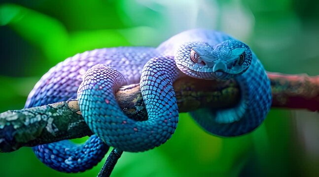 Blue viper snake on branch, viper snake, blue insularis, Trimeresurus Insularis