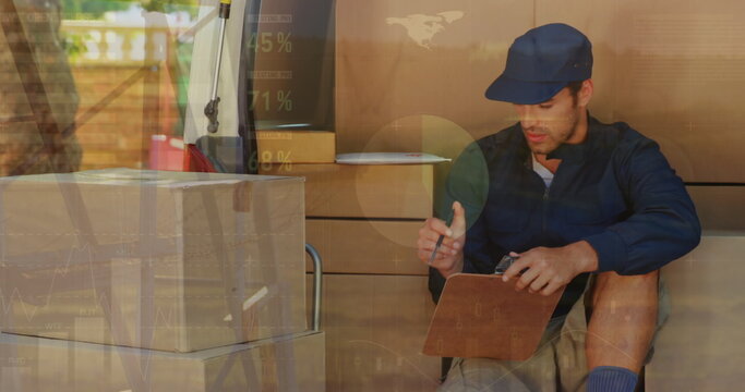 Image of data processing over caucasian male deliverer with clipboard - Powered by Adobe