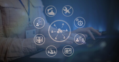 Image of business icons over caucasian businesswoman using laptop