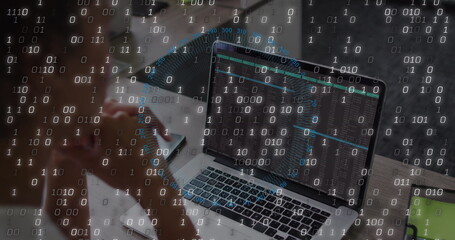 Image of data processing over caucasian businesswoman using laptop