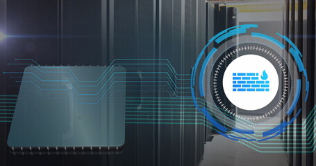 Image of data processing with wall icon over server room