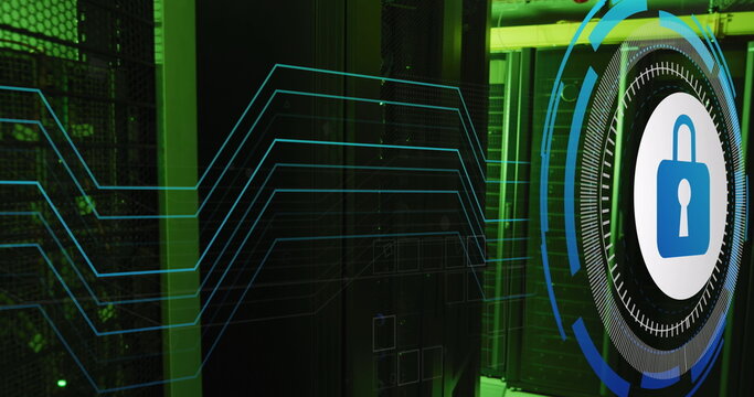 Image of data processing with padlock icon over server room