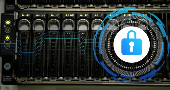 Image of data processing with padlock icon over server room