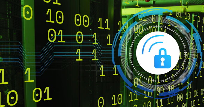 Image of data processing with padlock icon over server room