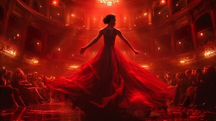 Graceful woman ballet dancer, dressed in red dress. .Girl is demonstrating dancing skill in theatre.