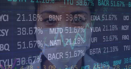 Fotobehang Aziatische plekken Image of stock market and data processing over asian businesswoman wearing face mask