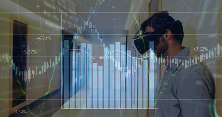 Image of data processing over caucasian man using vr headset