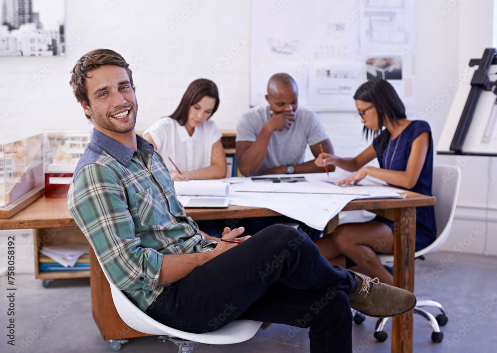 Poster happy man, creative and portrait with team for meeting, planning or architectural design at office. 