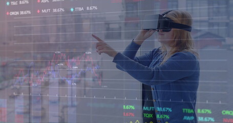 Image of data processing over caucasian woman using vr headset