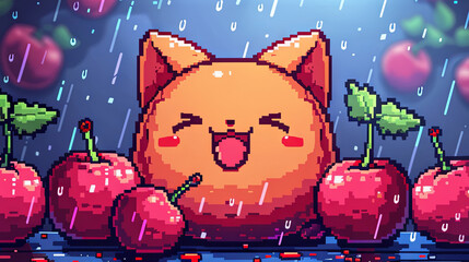 Fototapeta premium Cute pixel fox with apples in the rain. Vector illustration 8 bit.