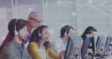 Image of data processing over diverse business people using phone headsets