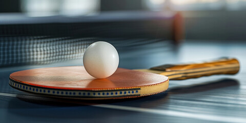 Ping pong ball balanced on paddle on table in closeup still life shot