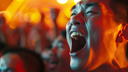 of a passionate soccer fan, captured in a moment of pure exhilaration as they cheer on their team