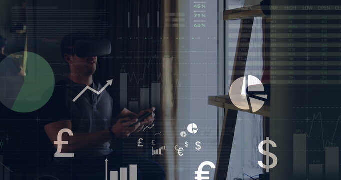 Image of data processing over disabled caucasian man in wheelchair using vr headset