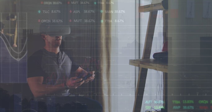 Image of data processing over disabled caucasian man in wheelchair using vr headset