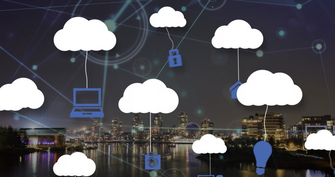 Fototapeta Image of clouds with icons over network of connections and cityscape