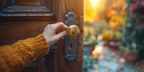 A hand grips a doorknob, opening the entrance to a home, emphasizing safety and security.