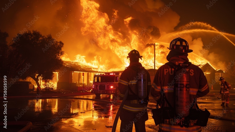 Wall mural firefighters battling intense blaze with water hose