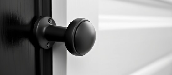 Black door handle on white wooden door in interior. Close-up of knob elements. Furniture fittings for design