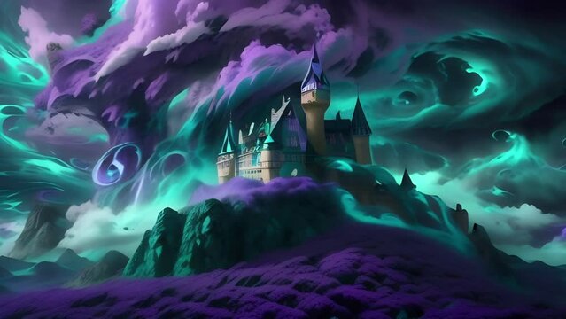 Medieval castle on hill with purple and green tornados on background. Bright animation with illustrations transformations, music visualization. AI generated video