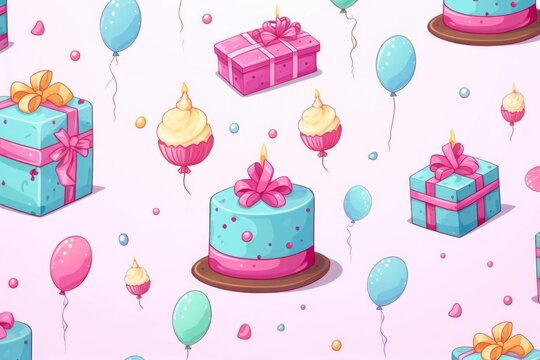 Party background with cakes, gift boxes, balloons and party decoration. Birthday parties, textiles, banners, wallpapers, wrapping.