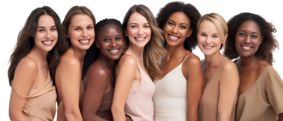 Diversity group of happy smiling women with different nationalities, isolated cutout people on transparent background