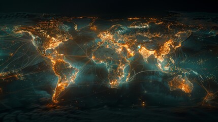 A world trade map highlighted with interconnected global business
